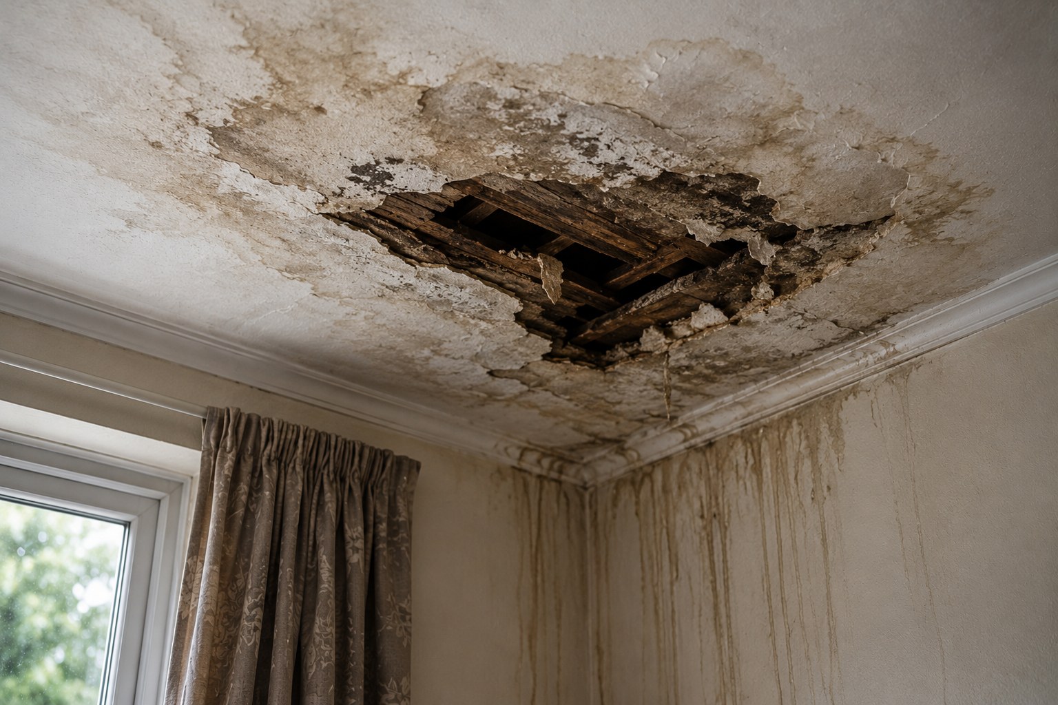 A water-damaged ceiling with a hole and staining running down the wall