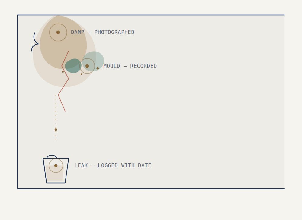 Illustration of a damp corner with mould growth, a crack and a drip being collected in a bucket