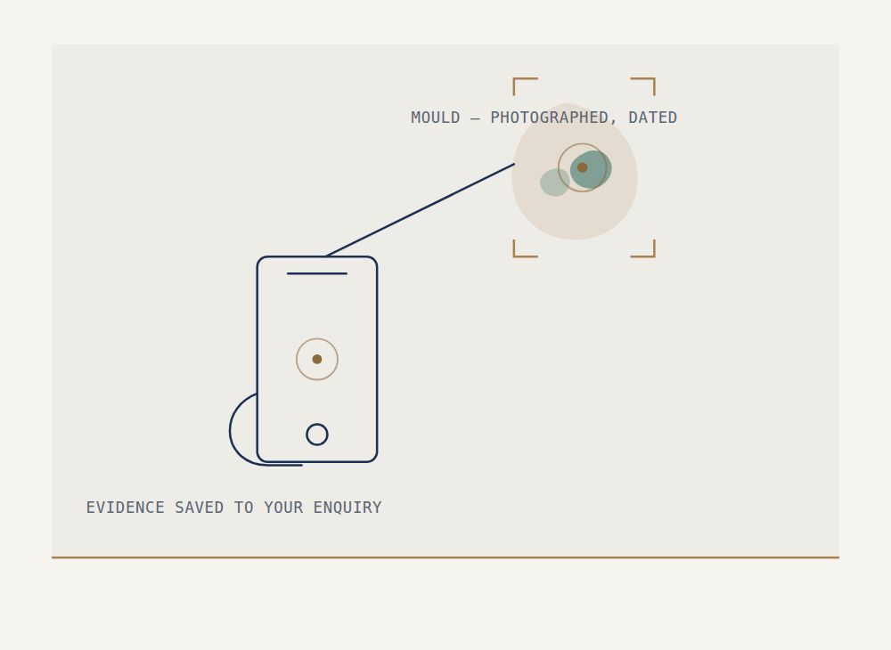 Illustration of a tenant photographing mould on a wall with a phone, as evidence for their enquiry