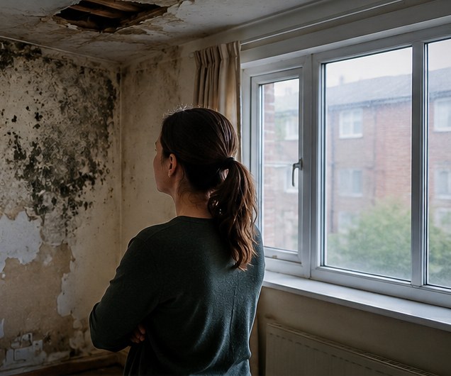 A tenant stands with arms folded looking out of a window in a room with mould-covered walls and a damaged, water-stained ceiling