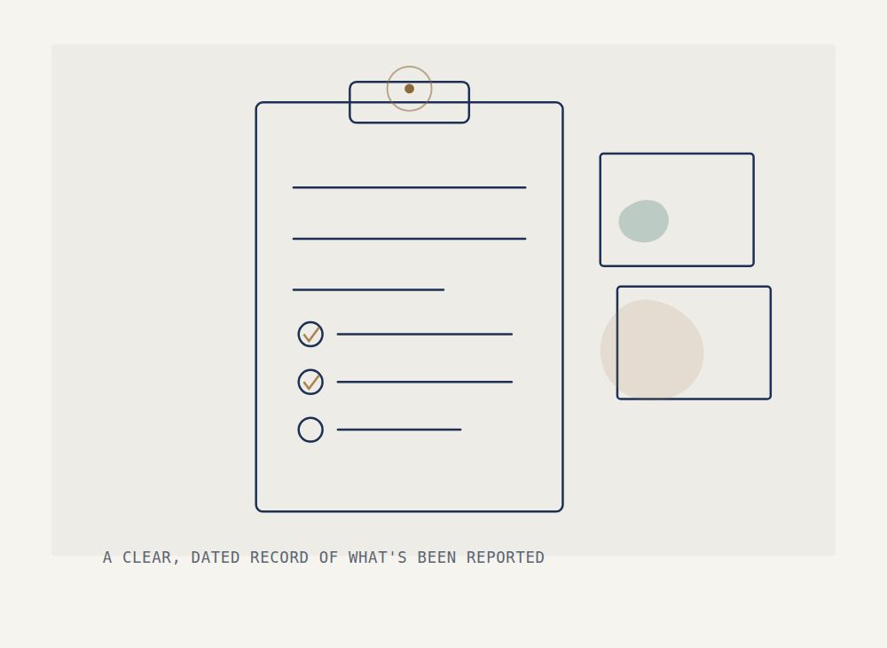 Illustration of a clipboard checklist with photographs attached, representing a compiled enquiry