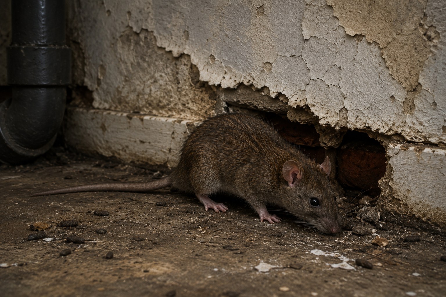 A rat emerging from a gap in damaged skirting and cracked plaster beside a pipe