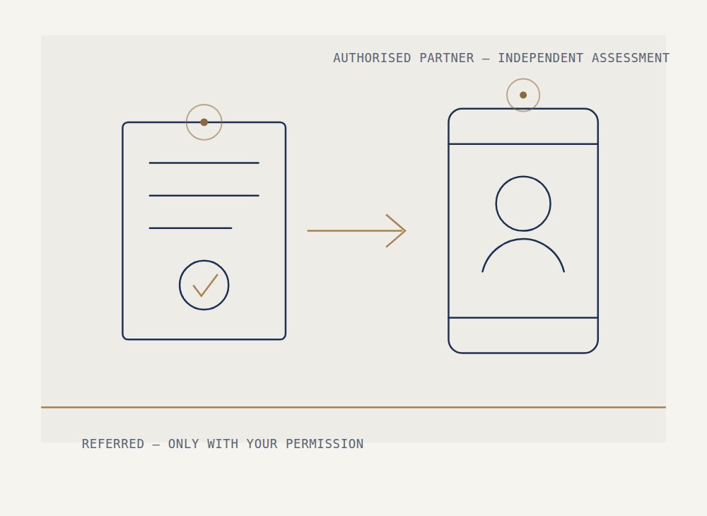 Illustration of a document being referred to a professional partner for independent assessment