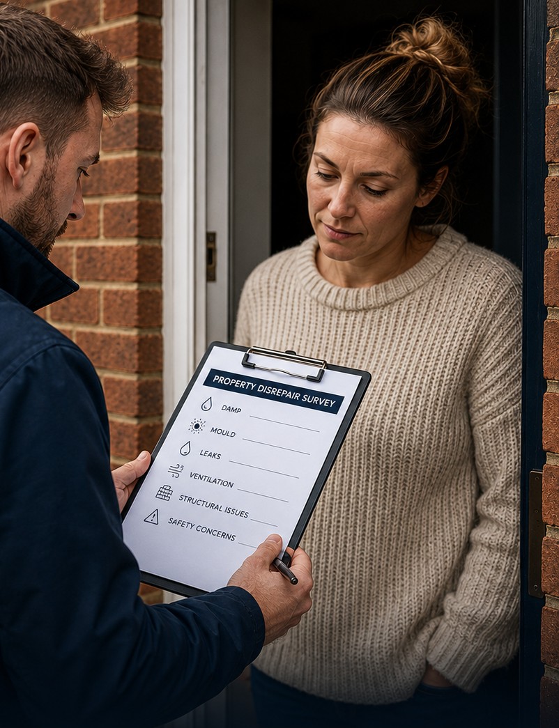 A surveyor reviews a property disrepair checklist covering damp, mould, leaks, ventilation, structural issues and safety concerns with a tenant at her front door