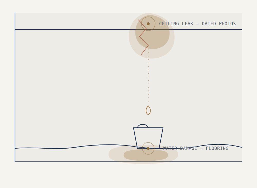 Illustration of a ceiling leak dripping into a bucket with a spreading puddle on the floor