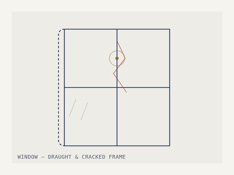 Illustration of a cracked window frame with a draught